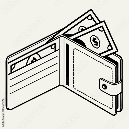 A black and white illustration of an open wallet with cash inside, symbolizing financial management.