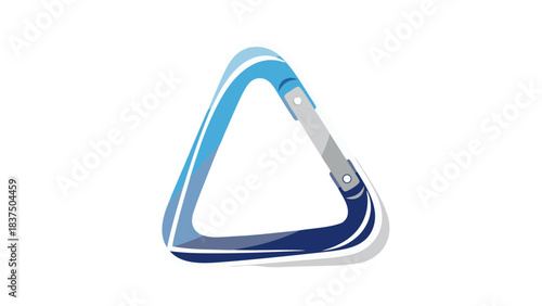 Abstract blue and white triangular object with silver metal accents on a black background representing a stylized carabiner clip or geometric shape