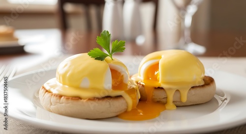 Two delicious servings of classic Eggs Benedict with runny yolks and hollandaise sauce on a white plate, garnished with fresh parsley.