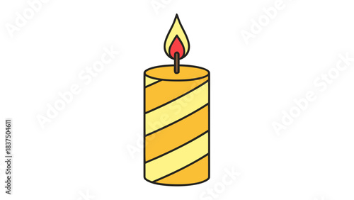 A yellow and orange striped candle with a burning flame glows brightly against a black background symbolizing celebration and warmth