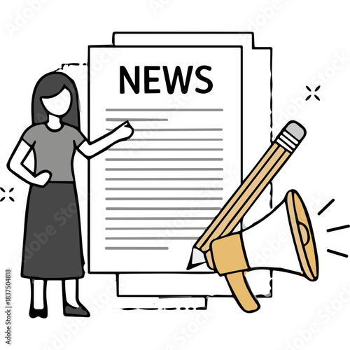 A Woman Points To A Large News Paper With Text And A Giant Pencil Writing On It In A Simple Flat Design Style