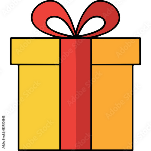 A yellow gift box adorned with a red ribbon and bow against a black background representing a celebratory surprise or present