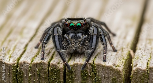 Close-up front view of a black jumping spider with striking green eyes perched on weathered wooden planks.