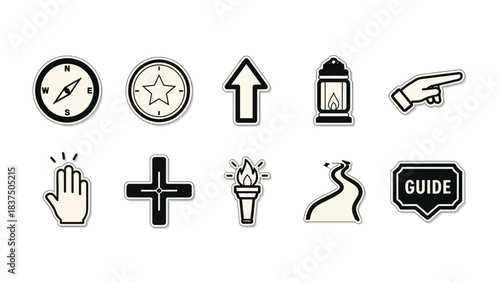 Collection of icons representing navigation, guidance, and exploration symbols.