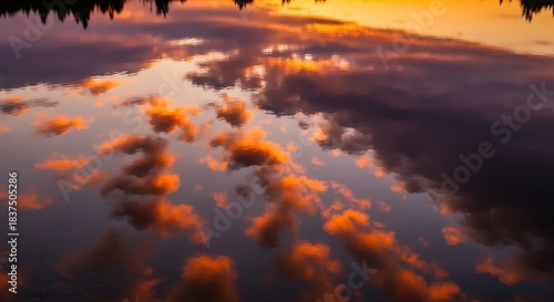 Vibrant orange and purple clouds reflected in still water at sunset, with dark tree silhouettes on the horizon.