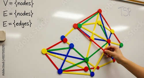 A hand points to a colorful physical model of a complex graph on a whiteboard, illustrating nodes and edges for a graph theory problem like TSP.