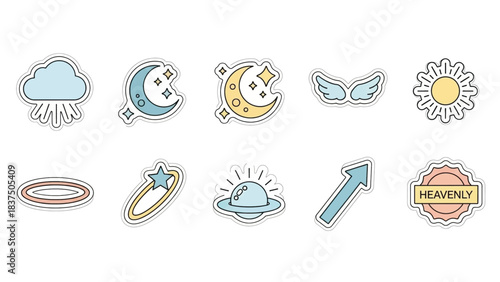Whimsical celestial and weather icons in a cute, playful sticker style