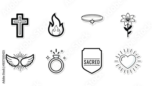 Collection of spiritual and sacred symbols, including a cross, flame, halo, lily, wings, ring, shield, and heart.