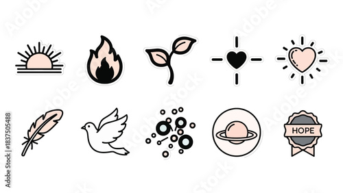 Collection of simple icons representing hope, growth, and peace