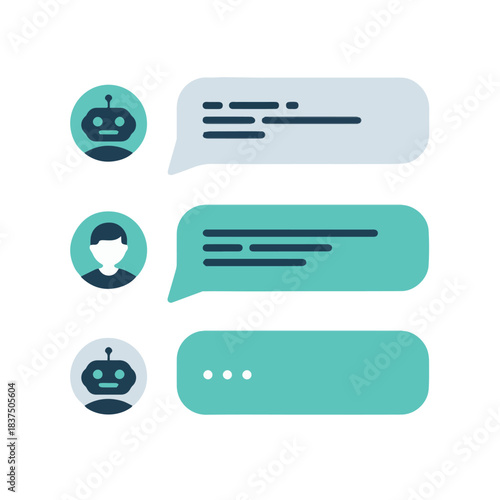 Vector illustration of chatbots and human avatars exchanging messages in speech bubbles format