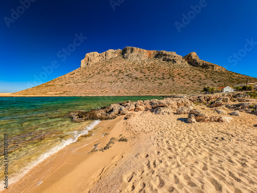 Aerial image of famous Stavros Zorbas beach, Crete Island, Greece, near Chania