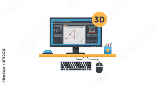 Computer screen displaying 3D design software with keyboard and mouse setup.