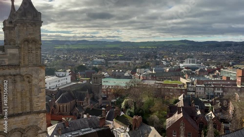 Aerial view from Exeter Cathedral of the main city in Devon with buildings and panoramic views England UK 4K