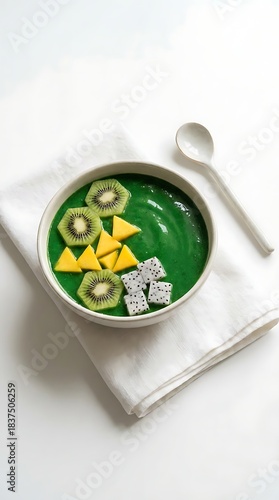 Fresh Green Smoothie Bowl Topped With Exotic Fruits and Mango Slices, A Healthy and Delicious Breakfast Option
