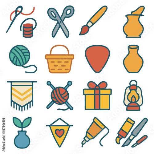 Crafting Tools Collection: A curated collection of essential crafting tools, art supplies, and creative accessories, each object meticulously outlined and styled