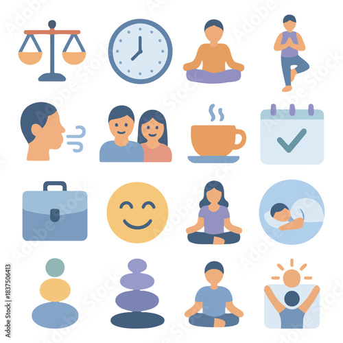Mental Wellness Icons: A collection of vibrant icons, representing key elements of mental wellness. Each symbol invites reflection on the path to inner peace and balance.