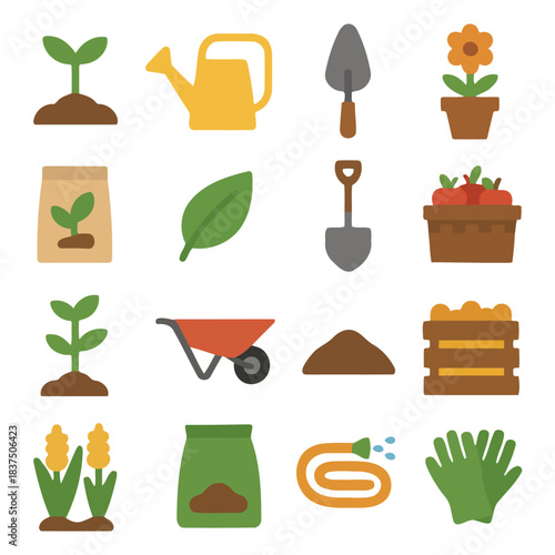 Gardening Essential Elements: a colorful arrangement of gardening tools, a visual guide showcasing everything needed for cultivating and nurturing plants.