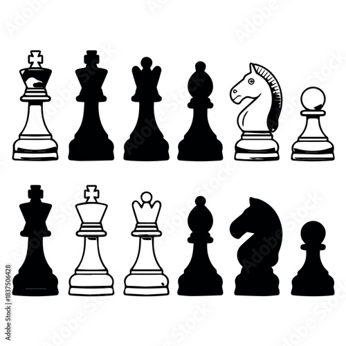 Vector illustration of chess pieces in black and white showing the game's strategy and tactics