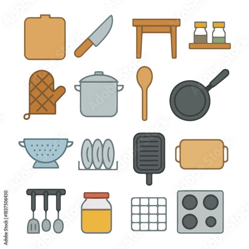 Kitchen Essentials Icon Set: An array of stylized kitchen tools and utensils arranged in a neat grid, perfect for illustrating culinary concepts.