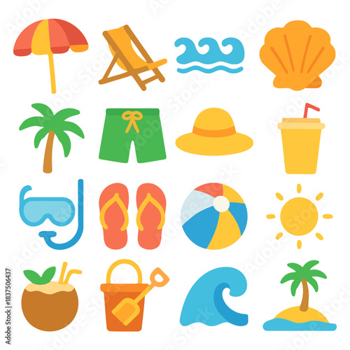 Beach Day Essentials: Colorful icons capture the essence of a perfect day at the beach, evoking sun-soaked memories and the allure of coastal relaxation.