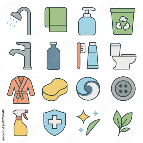 Bathroom Essentials: An assortment of illustrated icons showcases essential bathroom items, combining functionality and eco-consciousness.