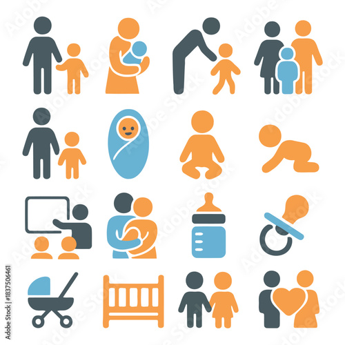 Family Icon Set: A collection of various icons depicting family life and relationships, from infancy to adulthood, offering a visual representation of the different dynamics within a family unit.