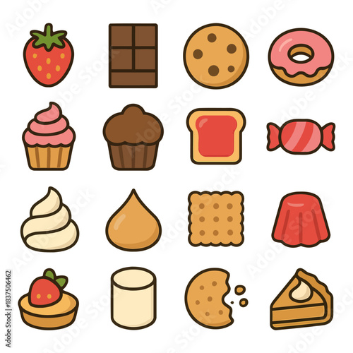 Assorted Sweets and Treats: A delightful array of tempting treats, meticulously arranged to showcase a colorful assortment of bakery delicacies. From the fresh strawberry to the decadent slice of pie.