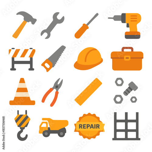 Essential Tools for Construction: A comprehensive array of construction tools arranged in an organized composition, representing the essential equipment needed for building, fixing.