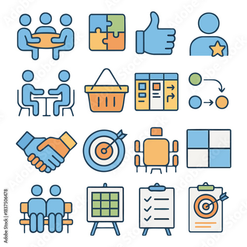 Business and Strategy Icons: A collection of meticulously crafted icons, each representing core facets of business, collaboration, strategy, and achievement, fostering creative solutions.