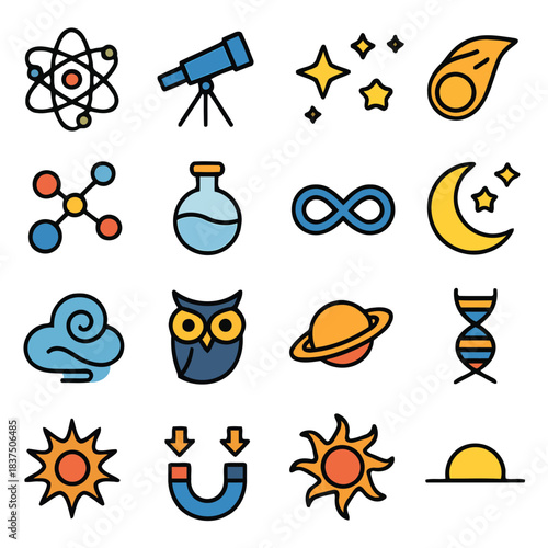 Cosmic and Scientific Icons: A collection of vibrant icons, representing the wonders of the cosmos and the building blocks of science. From atom to galaxies.