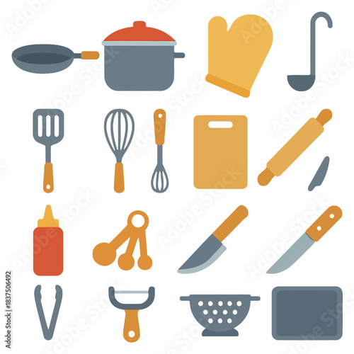 Culinary Arsenal: An assortment of essential kitchen tools, each designed to aid in the creation of culinary masterpieces, from stirring to slicing.