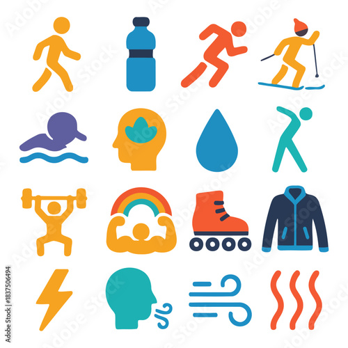 Vibrant Wellness Icon Set: A dynamic collection of colorful icons represents a holistic approach to well-being, symbolizing various aspects of health, fitness, and vitality.