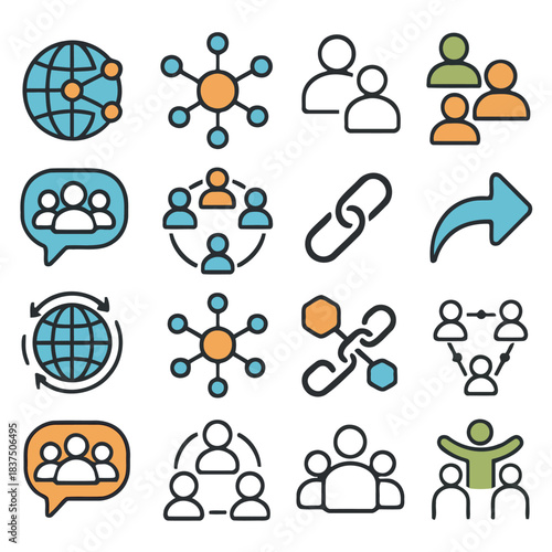 Network Connectivity: A set of interconnected icons, illustrating a web of global connectivity, communication, and collaboration. Illustrating global connection and human relation.
