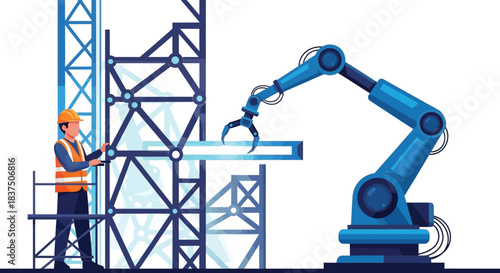 Construction worker and robotic arm working together on a building project 1.