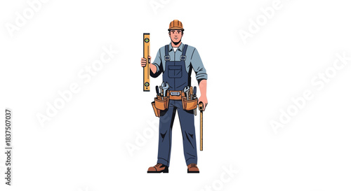 Construction worker holding tools and smiling confidently ready for work.