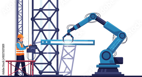 Construction worker operating a robotic arm focused on industrial automation.