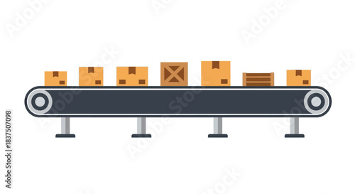 Conveyor belt carrying cardboard boxes in a manufacturing process industrial concept.
