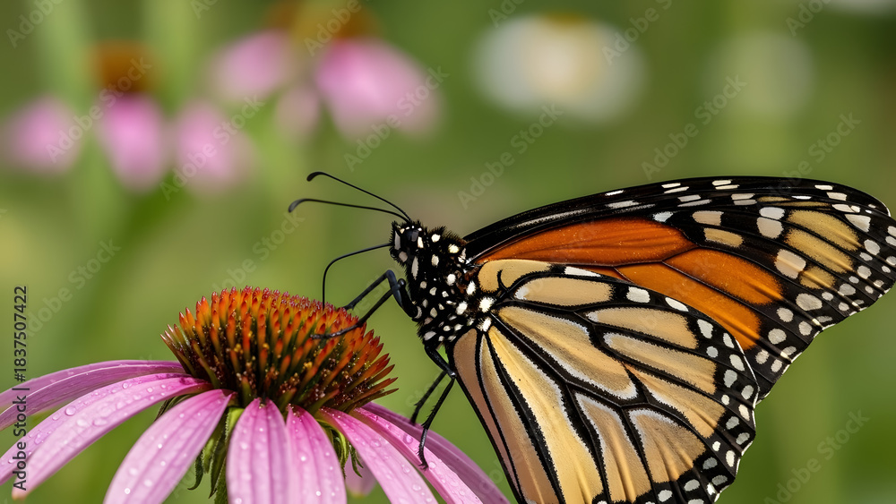 Fototapeta premium Monarch Butterfly on Flower: A vibrant monarch butterfly delicately perched atop a cone flower, showcasing its intricate patterns. The image captures the serene beauty of nature.
