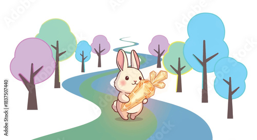 Cute bunny happily holding a carrot enjoying a sunny day outdoors in nature.