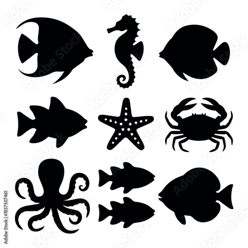 Silhouette sea life vector set featuring fish seahorse starfish crab and octopus vector illustration 100