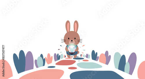 Cute bunny holding a glowing orb standing on colorful path adorable illustration.
