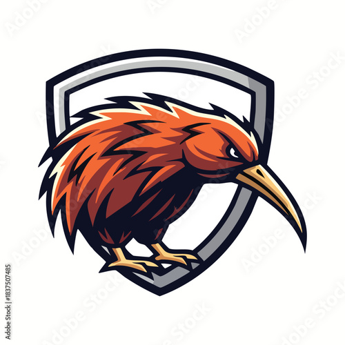 Fierce and aggressive kiwi bird eSports mascot logo vector illustration standing confidently inside a protective shield badge.