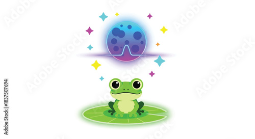 Cute cartoon frog sitting on a lily pad with a magical moon above.