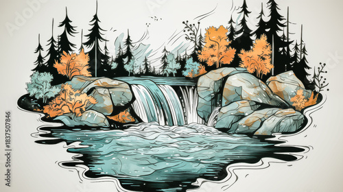 Artistic Autumn Landscape with Waterfall, Rocks, and Vibrant Fol