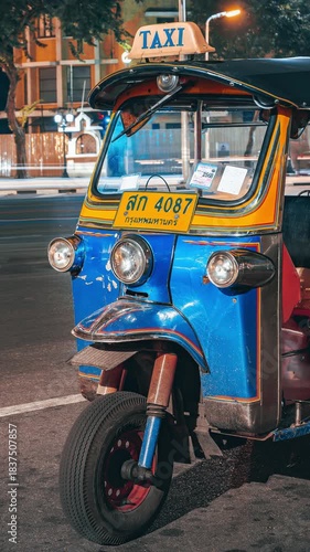 Iconic landmark Tuk Tuk near tourist street Khaosan Road. Legendary Authentic symbol travel, adventure and holidays Bangkok, Thailand 4K