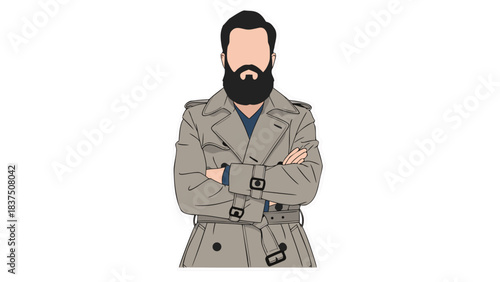 Bearded Man Wearing A Trench Coat And Blue Shirt Arms Crossed In A Confident Pose Against A Black Background Studio Lighting