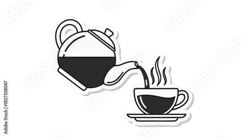 Black And White Illustration Of A Teapot Pouring Hot Tea Into A Cup With Steam Rising On A Transparent Background
