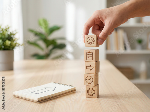 Workflow planning optimization and stacking the cubes vertically using wooden cubes, symbolic icons, human hand, natural depth of field, soft blurred background, minimal desk background