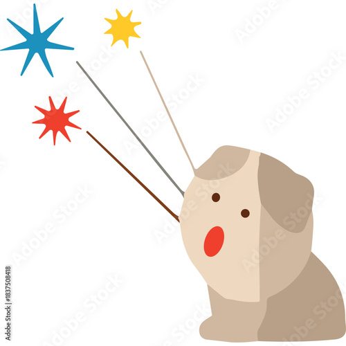 Astonished Dog Gazes Upward at Colorful Starburst Fireworks Display Against Dark Background Capturing Joyful Celebration and Wonder