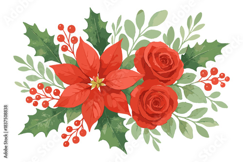 Holiday decor flat icon set. featuring poinsettia, roses, holly, berries, and leaves symbols